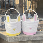 Yellow And White Stitching Charming Easter Egg Tote Basket - Cute Rabbit-Themed Handwoven Cotton Rope Candy Holder