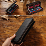 Black Genuine Leather Pencil Case - Vintage Zip-Up Pen Holder with Elastic Loops