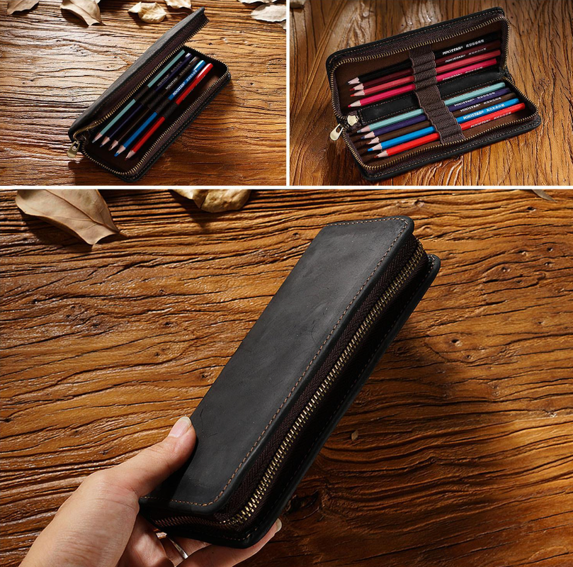 Black Genuine Leather Pencil Case - Vintage Zip-Up Pen Holder with Elastic Loops