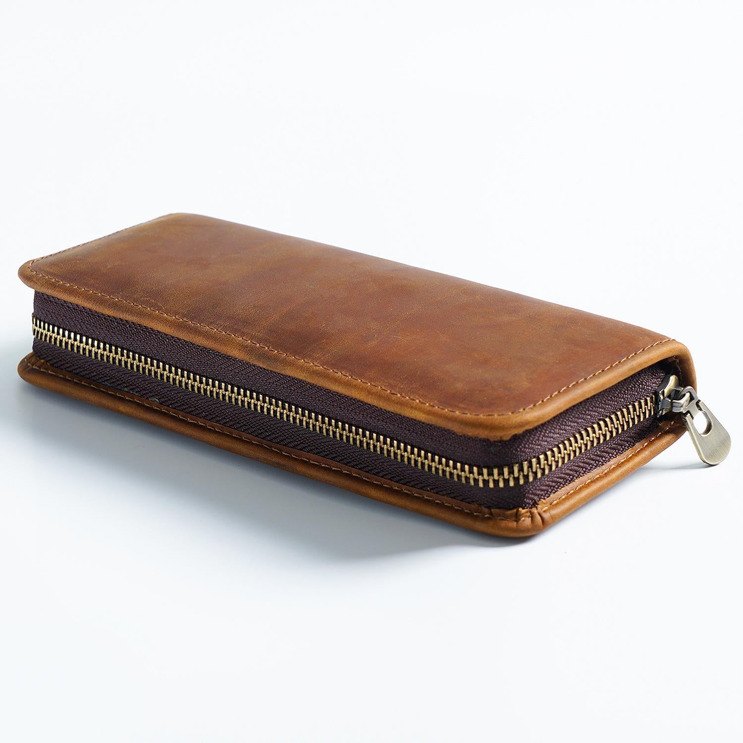 Brown Genuine Leather Pencil Case - Vintage Zip-Up Pen Holder with Elastic Loops