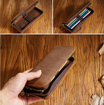 Brown Genuine Leather Pencil Case - Vintage Zip-Up Pen Holder with Elastic Loops