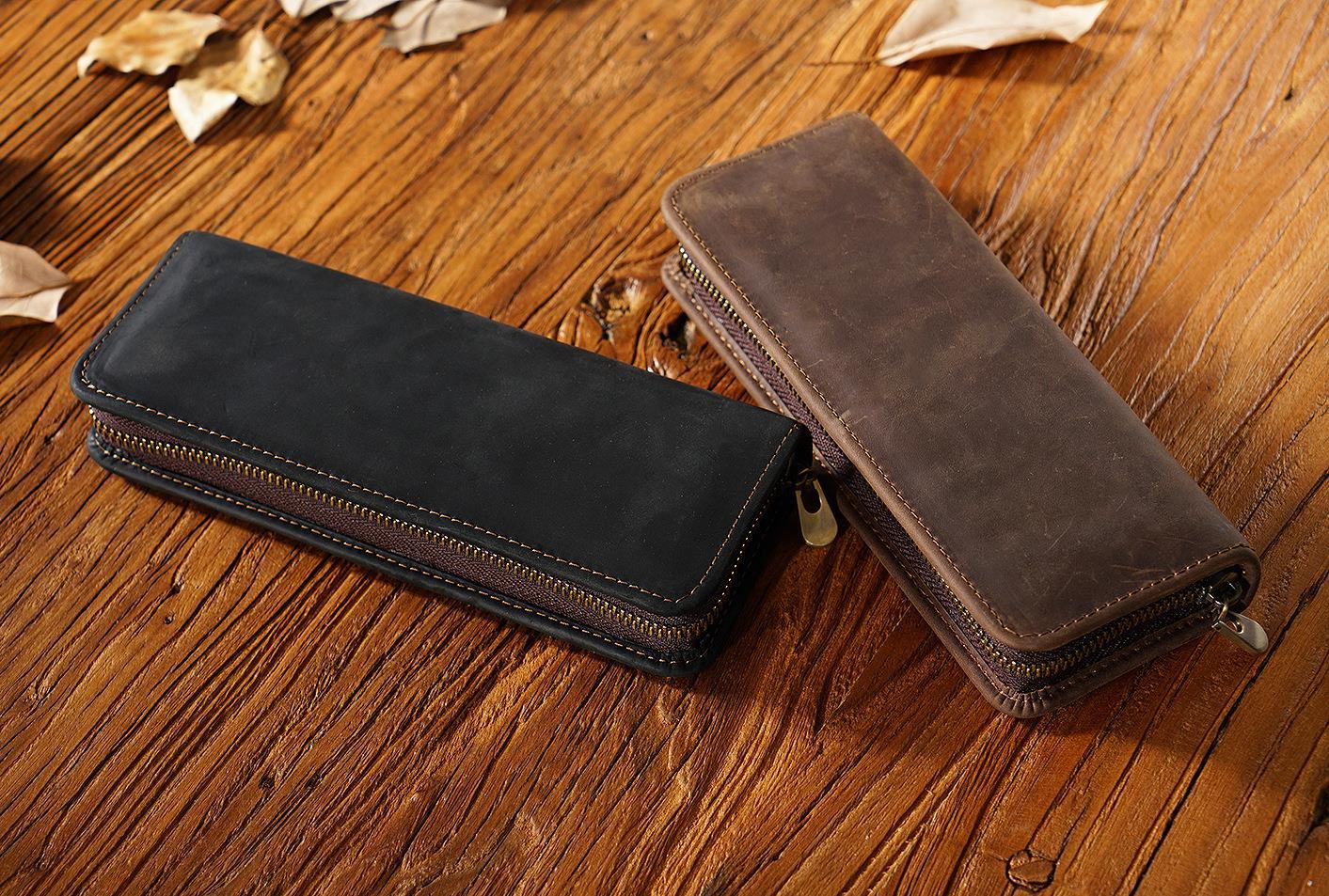 Brown Genuine Leather Pencil Case - Vintage Zip-Up Pen Holder with Elastic Loops