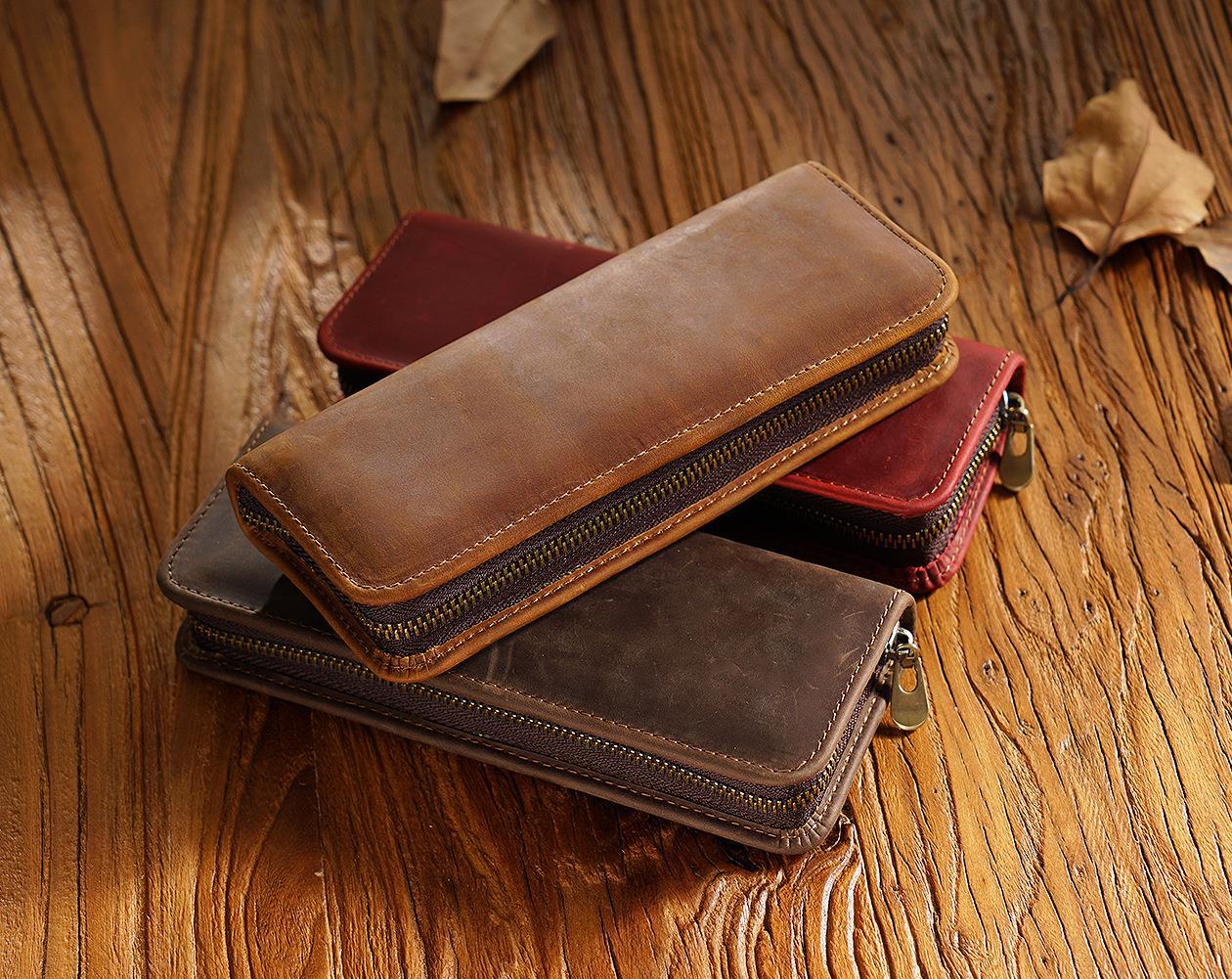 Coffee Genuine Leather Pencil Case - Vintage Zip-Up Pen Holder with Elastic Loops