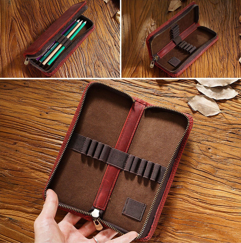 Wine Red Genuine Leather Pencil Case - Vintage Zip-Up Pen Holder with Elastic Loops