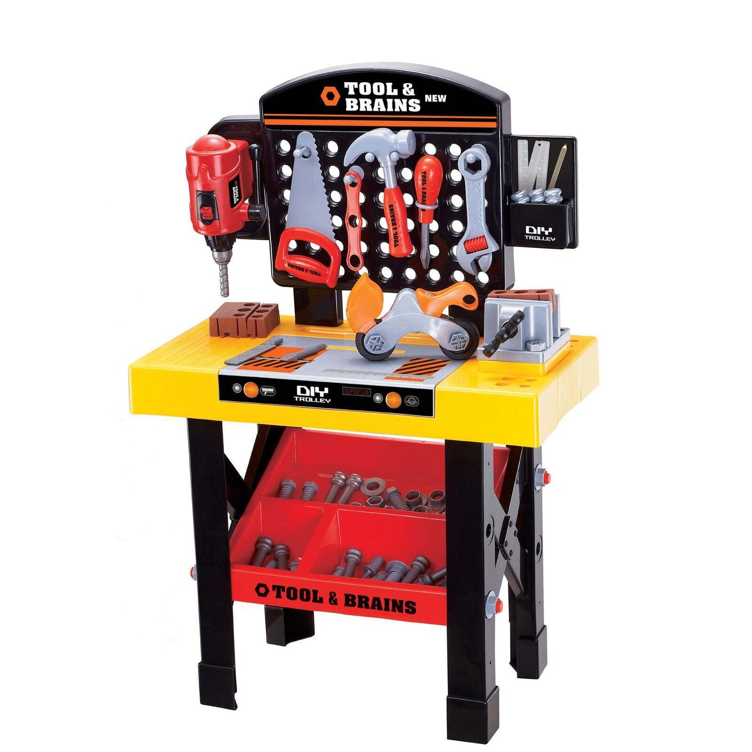 ToyChest au kids tool workbench playset with toy drill saw wrench nuts bolts and storage shelf for pretend play