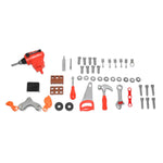 kids tool workbench playset with red toy drill saw hammer wrench nuts bolts and wheels laid out