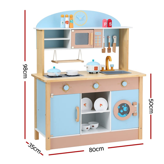 Keezi Kids Wooden Pretend Kitchen Play Sets Cooking Toys Pot Pan Bowls Oven Dishwasher 80CM Blue - ToyChest.au
