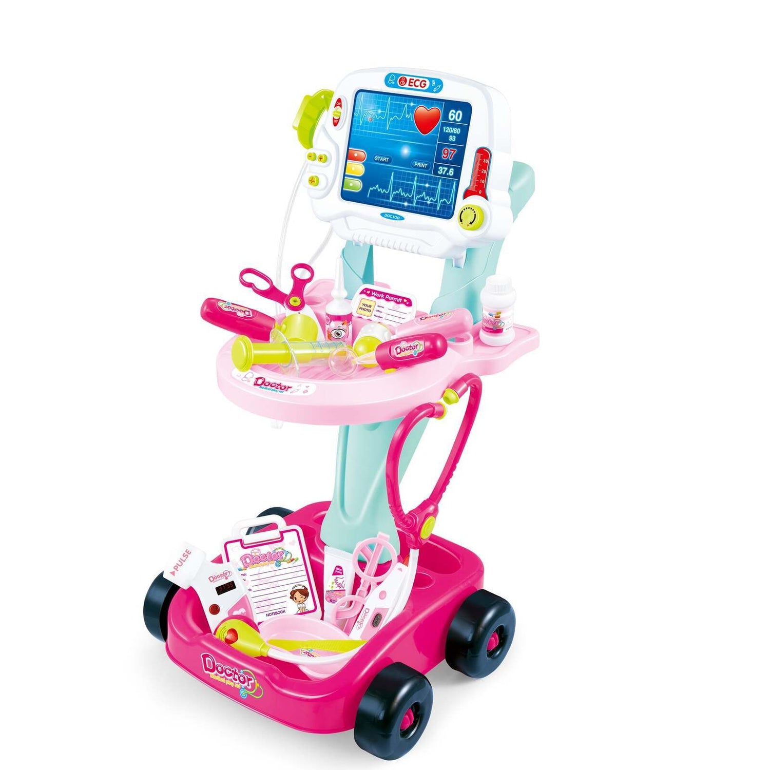 kids doctor play set with ecg machine pink rolling medical cart toy with stethoscope syringe tray and monitor