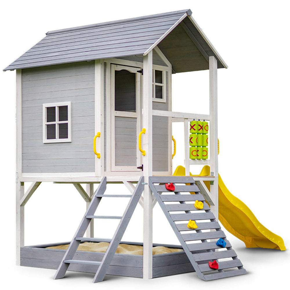 ToyChest au wooden cubby house with slide Australia gray elevated playhouse with yellow slide climbing wall sandbox