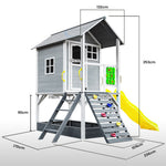 Grey elevated wooden cubby house with slide Australia with ladder climbing holds and sandbox base