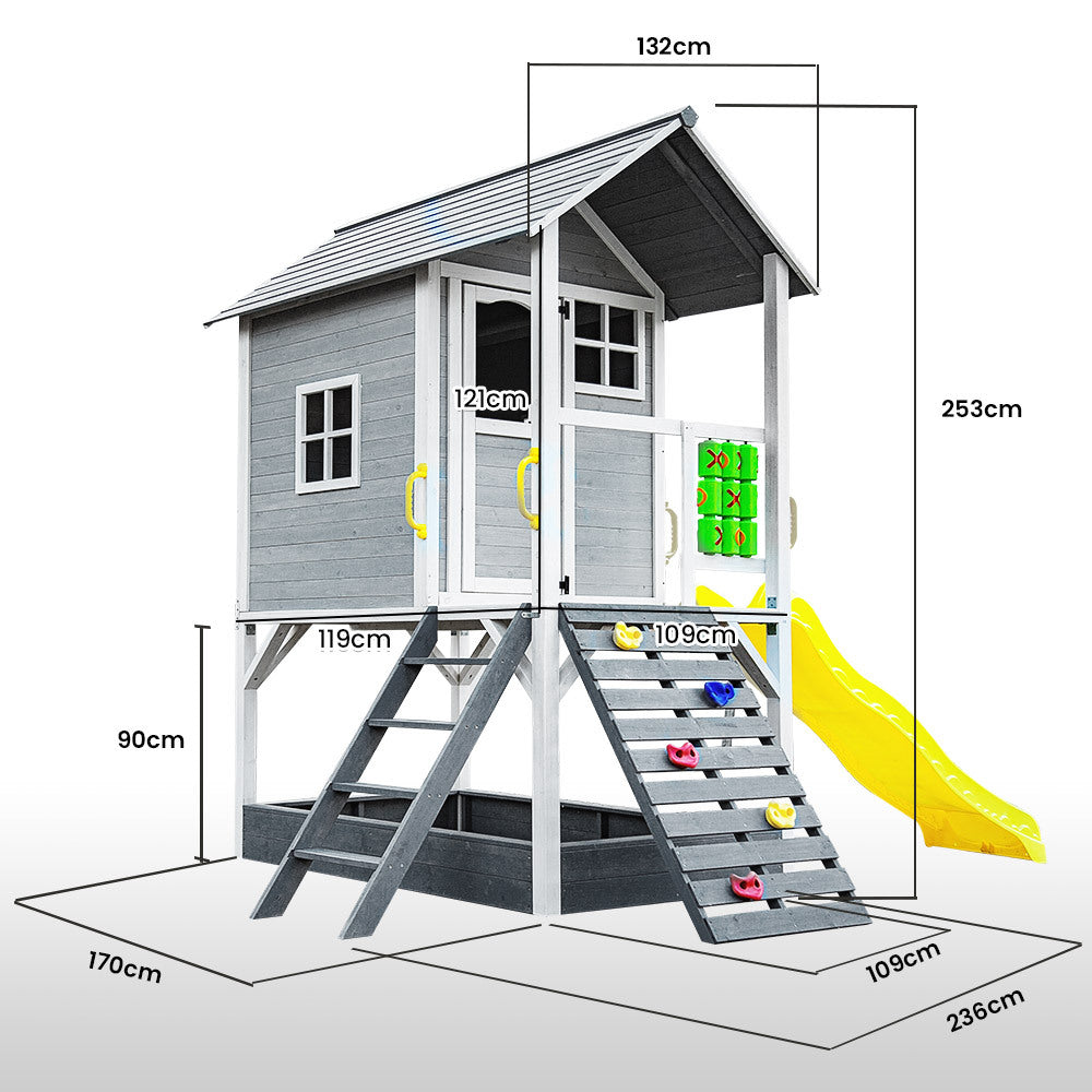 Grey elevated wooden cubby house with slide Australia with ladder climbing holds and sandbox base
