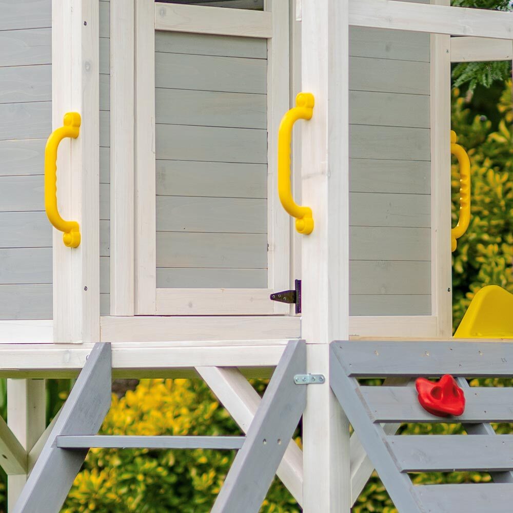 ToyChest au wooden cubby house with slide Australia white elevated playhouse with yellow handles grey ladder