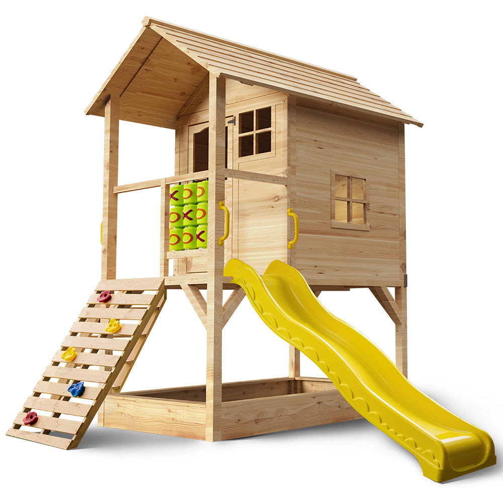 ToyChest au wooden cubby house with slide Australia elevated playhouse with yellow slide climbing ramp and sandbox