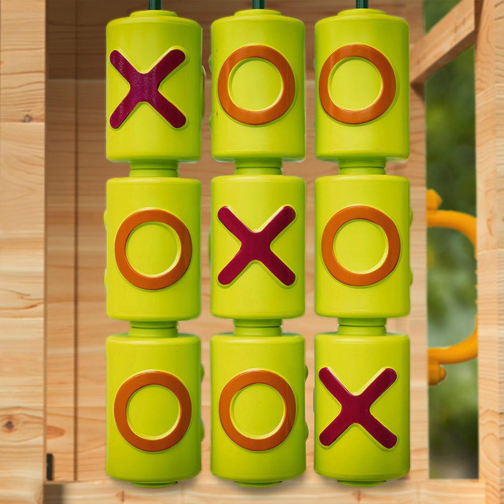 Green tic tac toe panel mounted on timber playset with orange slide handles wooden cubby house with slide Australia