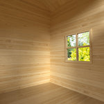 wooden cubby house with slide Australia empty interior showing timber walls and small window overlooking garden