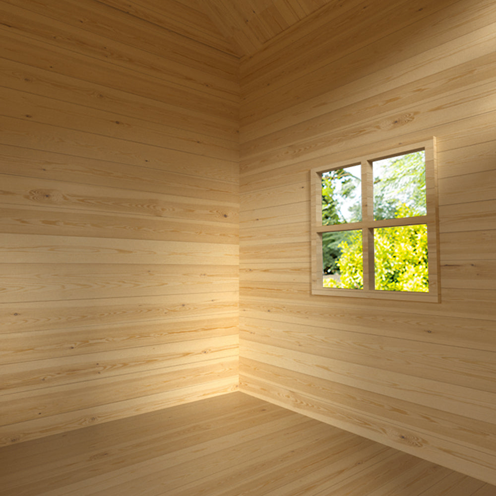 wooden cubby house with slide Australia empty interior showing timber walls and small window overlooking garden