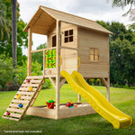 ToyChest au wooden cubby house with slide Australia elevated backyard playhouse with climbing ramp and yellow slide