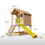 wooden cubby house with slide Australia natural timber playhouse with ladder sandbox and yellow slide ToyChest au
