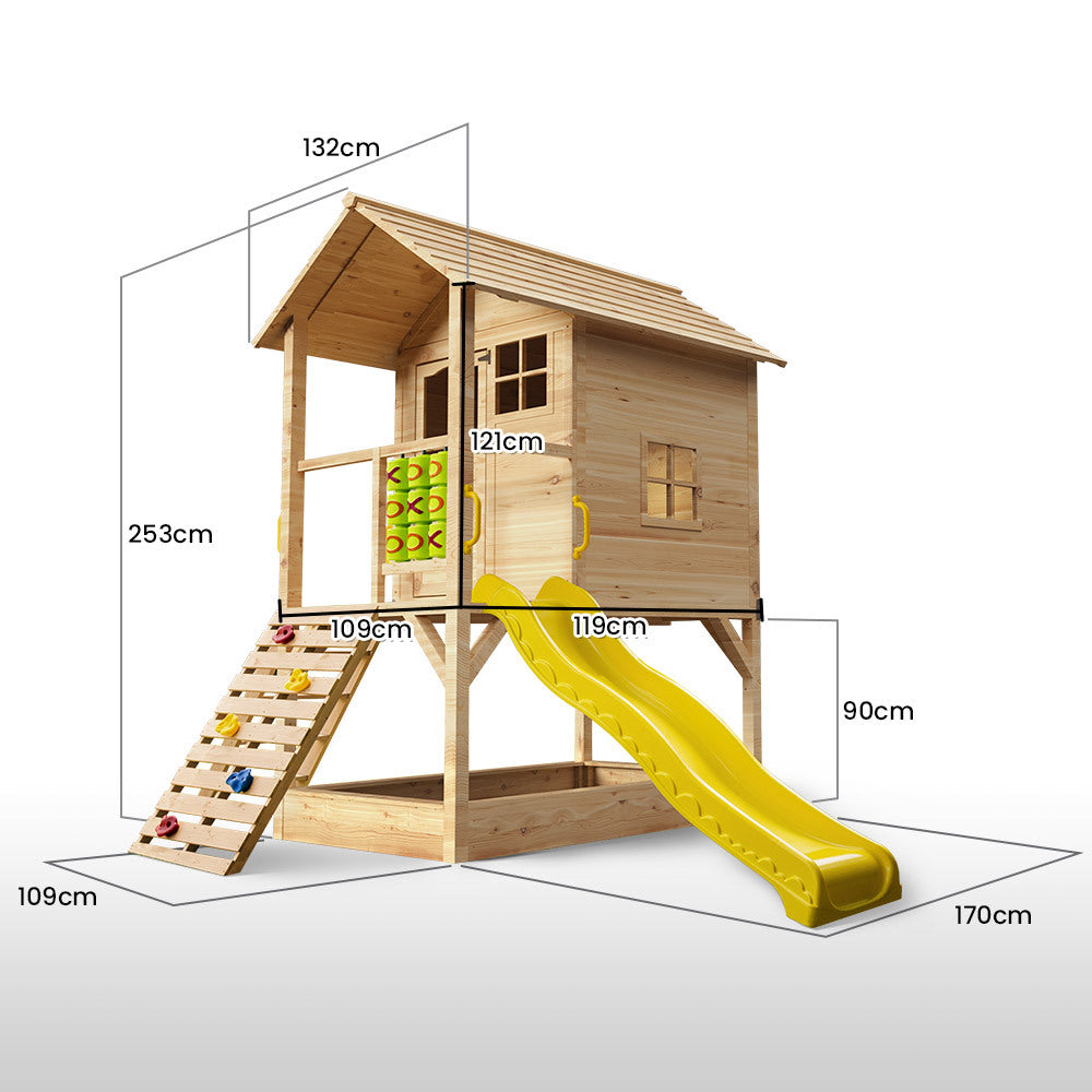 wooden cubby house with slide Australia natural timber playhouse with ladder sandbox and yellow slide ToyChest au