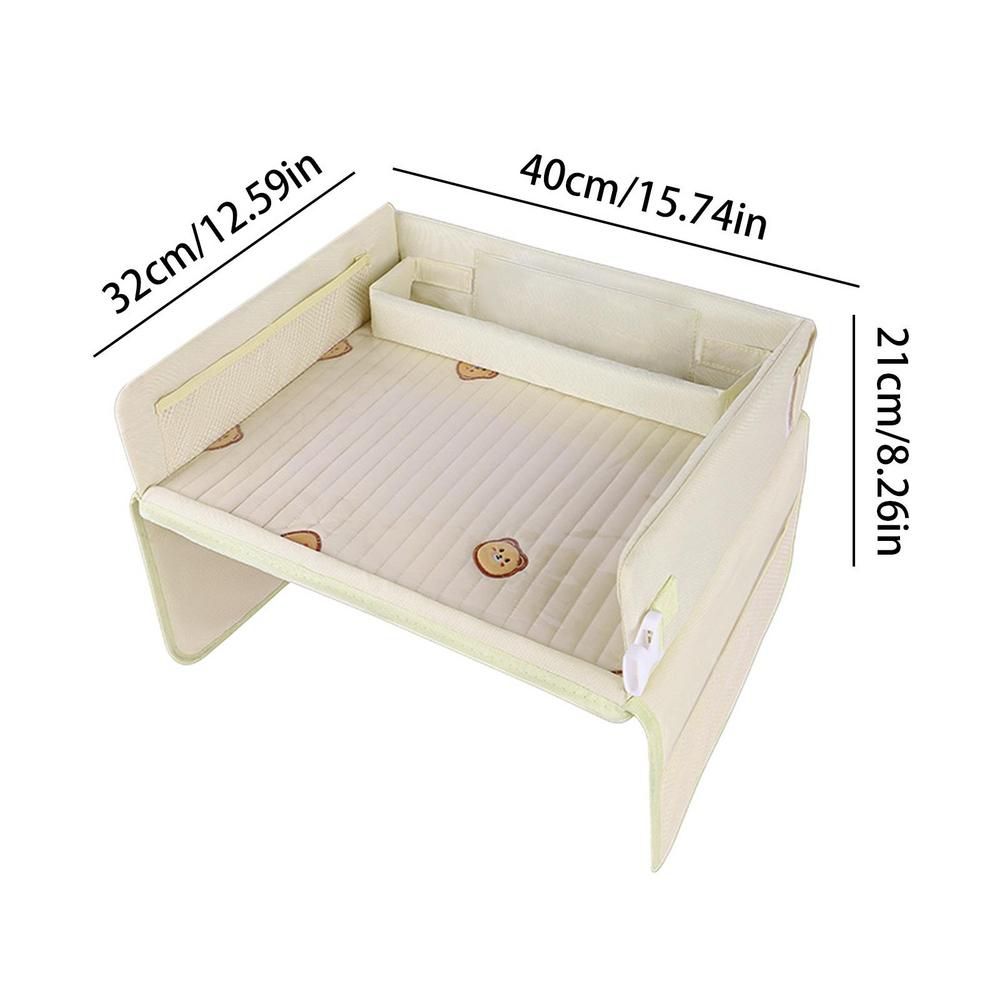 Kids Car Seat Travel Tray - Waterproof Lap Desk with Storage Pockets (Beige Bear - Square)