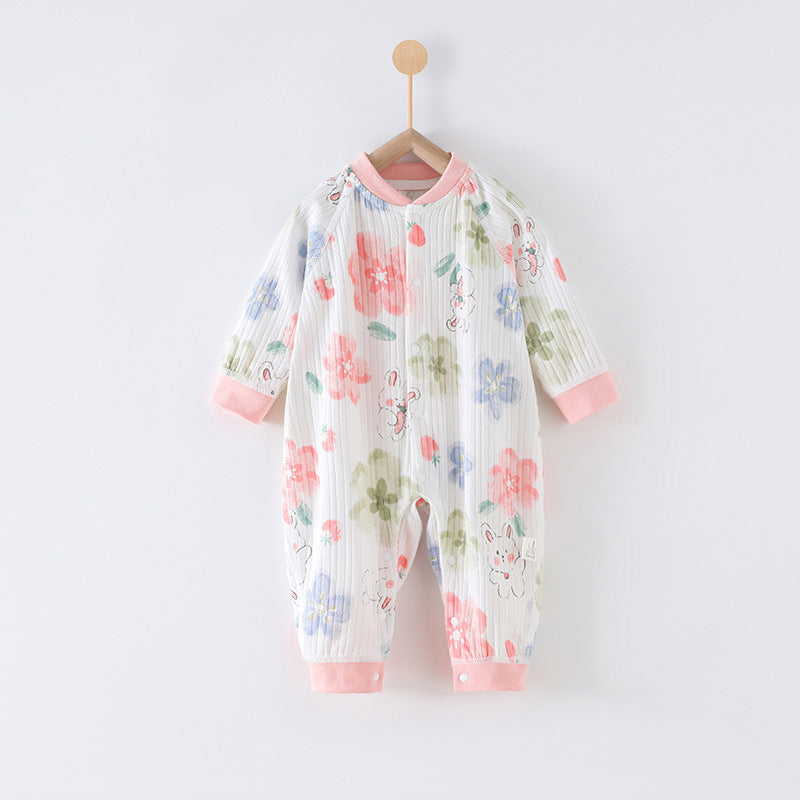 66 Size Rabbit Among Flowers Class A Pure Cotton Long-Sleeve Baby Onesie - Cozy Newborn Bodysuit for Fall and Winter