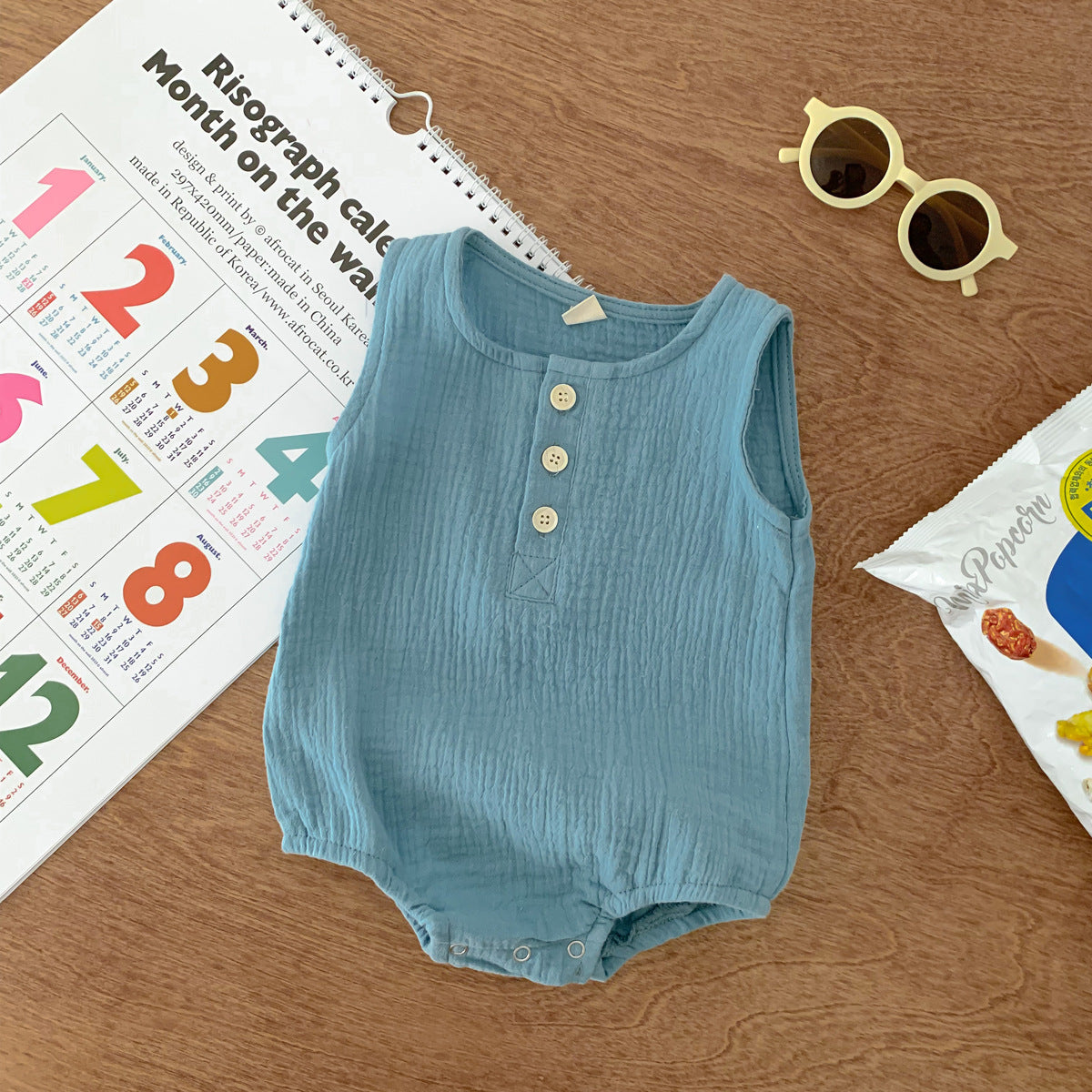 90cm Blue Sleeveless Bubble Cotton Baby Romper - Soft Newborn Onesie for Boys and Girls, 0-2 Years
