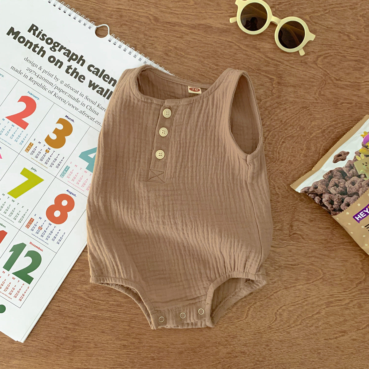 90cm Khaki Sleeveless Bubble Cotton Baby Romper - Soft Newborn Onesie for Boys and Girls, 0-2 Years