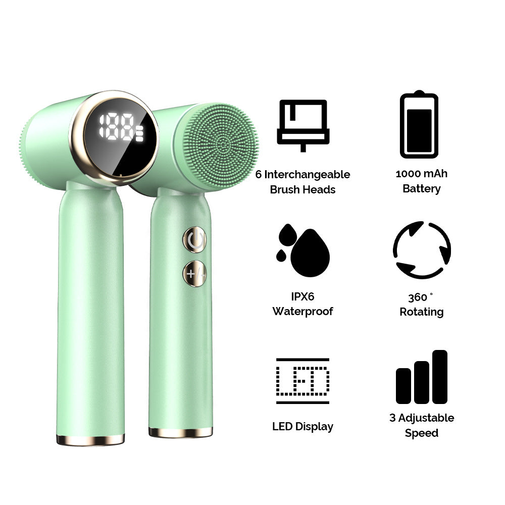 Green 6-in-1 Electric Facial Cleansing Brush Set - Rechargeable & Waterproof