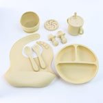 Beige 8-Piece Silicone Children's Tableware Set - BPA-Free Baby Feeding Utensils with Fork, Spoon, Cup, Bowl, and Bibs