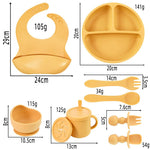 Beige 8-Piece Silicone Children's Tableware Set - BPA-Free Baby Feeding Utensils with Fork, Spoon, Cup, Bowl, and Bibs