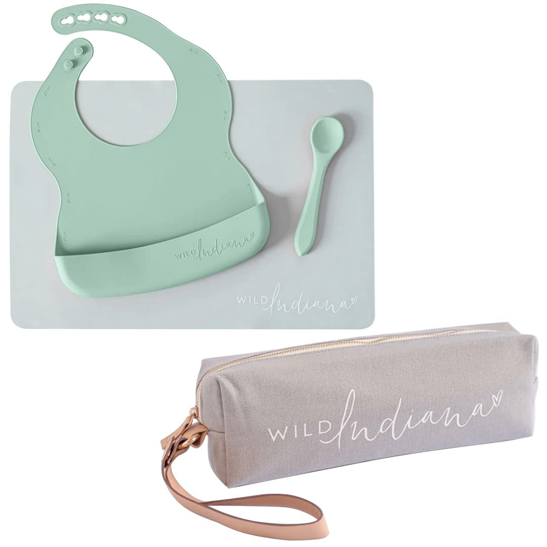 LIFEBEA WILD INDIANA Eating - out Comfy Silicone Baby Bib set for babies & Toddlers(10 - 72 Months) Waterproof baby fedding including Waterproof carry case (Sage)