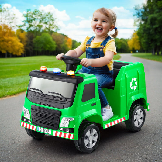 Rigo Kids Ride On Car Garbage Truck Police Light 12V Electric Toys Cars Green - ToyChest.au