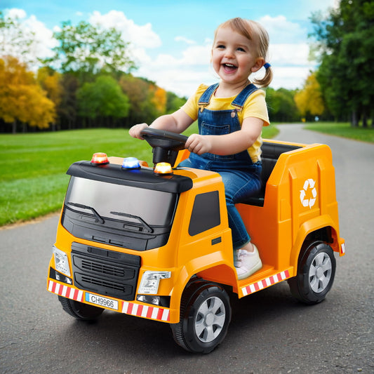 Rigo Kids Ride On Car Garbage Truck Police Light 12V Electric Toys Cars Yellow - ToyChest.au